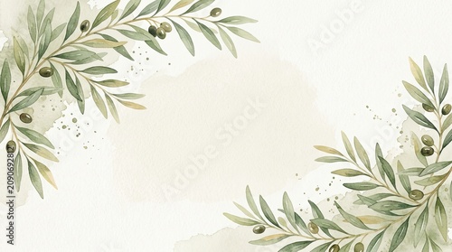 Watercolor olive branches frame a blank space. The olive branches are green with small olives.