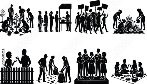 Community activities silhouette set featuring volunteering gardening protesting cleanup and social gatherings icon vector