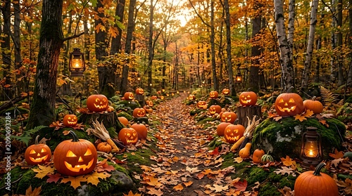 Enchanted autumn forest path lined with glowing halloween pumpkins jackolanterns seasonal lanterns celebration lighting atmosphere celebrate outdoors background woodland