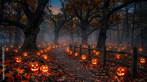 Enchanted autumn forest path illuminated by glowing jack-o'-lantern pumpkins at twilight with halloween pumpkins jackolantern enchanted twilight seasonal evocative celebration landscape