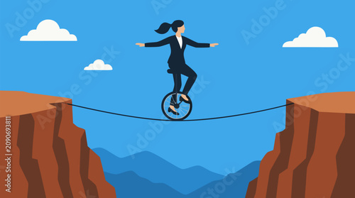 Businesswoman balancing on unicycle across tightrope over canyon, bold vector illustration of risk management, work life balance, leadership courage, startup challenge and strategic success