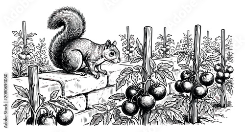 Foto Vintage woodcut squirrel in vegetable garden, hand drawn etching of squirrel on