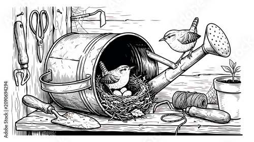 Fotografie Vintage garden illustration of birds nesting in a watering can, rustic garden sh