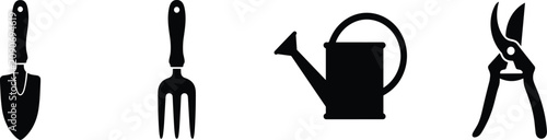 Fotografi Gardening tools vector icon set featuring trowel hand fork watering can and prun
