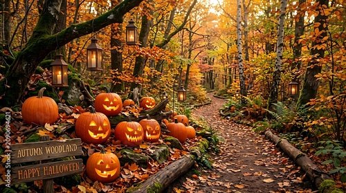 Glowing jack o lanterns lining a forest path in autumn with halloween pumpkins jackolanterns seasonal lanterns celebration lighting atmosphere celebrate outdoors background woodland