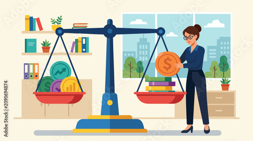 Professional female accountant carefully balancing large golden coins against financial books and charts on oversized blue scale in modern office with city view symbolizing financial stability and