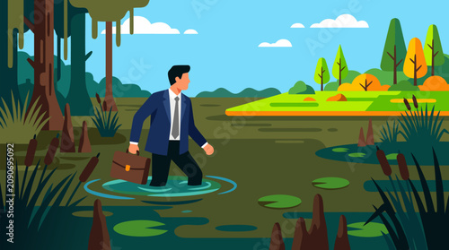Resilient businessman in blue suit wading through murky swamp carrying briefcase toward bright green promising land, powerful perseverance and hope metaphor in vivid vector illustration
