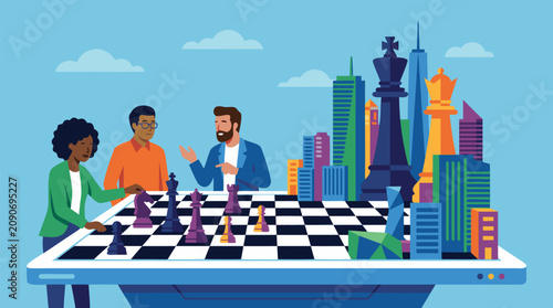 Tableau sur toile Business strategists arranging chess pieces on a board transforming into a moder