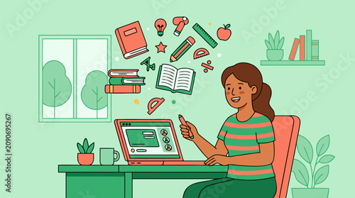Friendly online teacher at laptop with floating books, pencils, ruler, apple and learning icons in mint green and coral palette, cheerful remote education vector illustration for digital courses