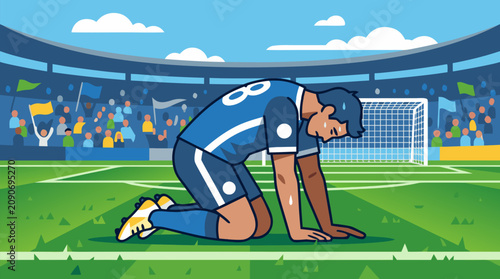Εκτύπωση καμβά Exhausted soccer player kneeling on field after intense football match, tired at