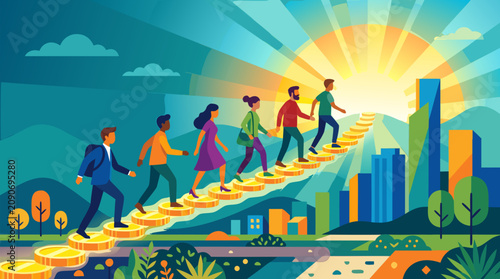 Diverse professionals climb a glowing staircase of gold coins toward radiant sunrise and city skyline, inspiring wealth growth, investment success and financial future vector concept art
