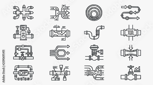 Fotografie Minimalist Black and White Line Icons Set of Industrial Valves Pipes and Flow Co