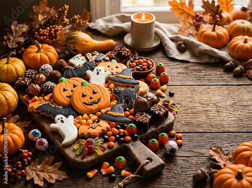 Halloween candy board with cookies and decorated treats on a rustic table halloween pumpkins decorated celebration chocolate arrangement homemade delicious seasonal assortment snackboard