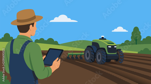 Smart farming vector illustration of a farmer using a tablet to monitor an autonomous tractor plowing precise rows across green fields under a bright blue rural sky and digital crop management