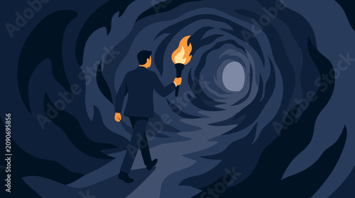 Determined executive carrying blazing torch through a long tunnel of swirling shadows, symbolic flat vector of leadership, courage, crisis navigation, uncertainty, and finding light ahead in business