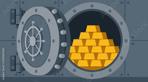 Massive steel bank vault door opening to reveal stacked gold bars, secure wealth storage flat vector illustration for finance, investment, banking, treasure, savings, and asset protection concepts
