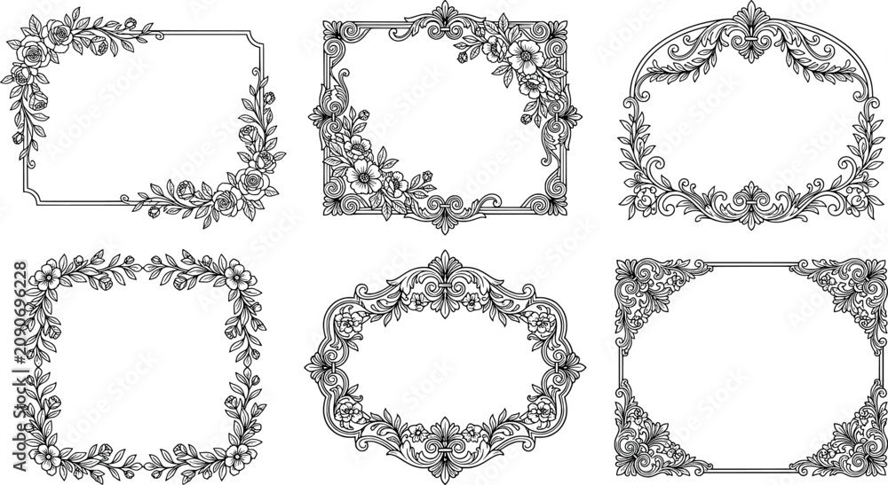 Fototapeta premium Set of ornate floral rectangular and decorative frames with botanical elements transparent background