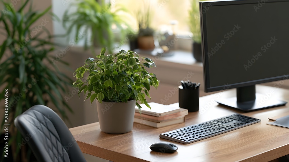 Fototapeta premium A minimalist wooden desk setup featuring a potted plant keyboard mouse and monitor for focused work or study