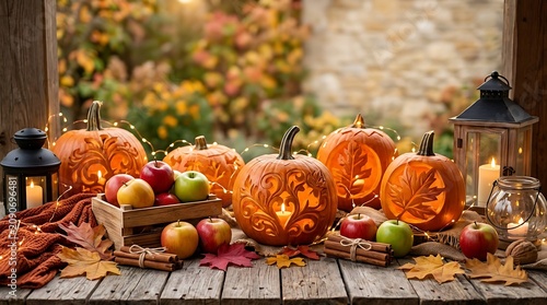 Jack o lantern carved pumpkins and fall fruits on rustic table with halloween seasonal cinnamon celebration tradition outdoors backyard atmosphere beautiful lighting