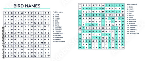 Schilderij op canvas Word search puzzle featuring various bird names in grid format