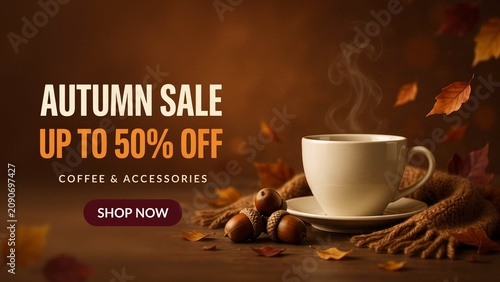 Autumn sale promotional banner with steaming cup of coffee and acorns, seasonal