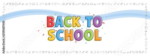 Colorful back to school lettering with school supplies and a wavy blue border on a white background education learning study