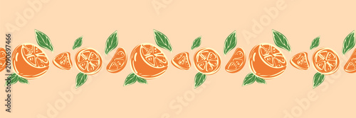 Seamless horizontal border pattern of hand drawn orange slices, wedges, and green leaves on a peach background. Elegant citrus fruit vector design.