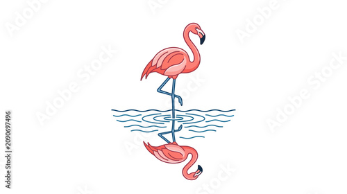 Quadro su tela Pink Flamingo Standing on One Leg with Reflection in Water