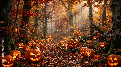 Path through an autumnal forest lit by glowing jack-o-lanterns at twilight with halloween pumpkins lanterns jackolantern twilight seasonal celebration landscape mystical decorations lighting