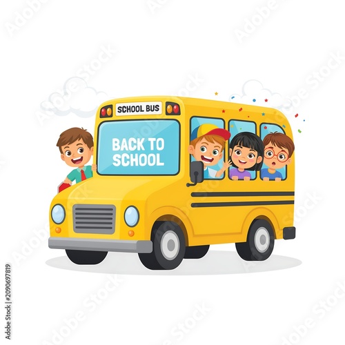 Yellow school bus with children waving a vector illustration on a white background for educational themes schoolbus vehicle transportation transport