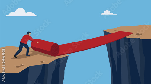 Visionary leader unrolling a red carpet bridge across a dramatic canyon, symbolizing strategic direction, opportunity, risk taking, trust, and bold business pathway to success, teamwork, growth