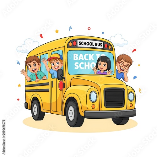 Yellow school bus illustration with cheerful children waving set against a white background with colorful accents schoolbus vehicle transportation transport