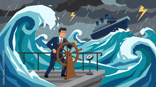 Determined businessman steering a wooden ship wheel through towering turquoise storm waves, lightning and rain, dramatic leadership crisis management vector illustration with ocean liner in background