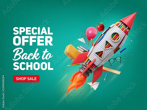 School supplies shaped like a rocket a colorful 3d illustration with a teal background rocket education learning stationery pencil pen