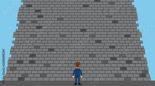 Tiny businessman facing an enormous gray brick wall, overwhelming obstacle and impossible challenge concept, career barrier, determination, adversity and strategic problem solving vector illustration