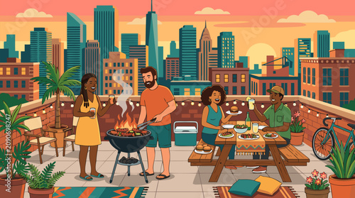 Happy friends barbecuing on rooftop terrace at golden hour, sharing grilled food and drinks beside plants, string lights and city skyline in warm vector illustration summer social gathering