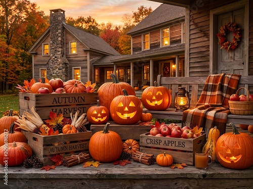 Rustic farmhouse porch decorated for halloween with glowing jack o lanterns halloween pumpkins jackolanterns decorations seasonal celebration exterior lanterns tradition farmhouse twilight