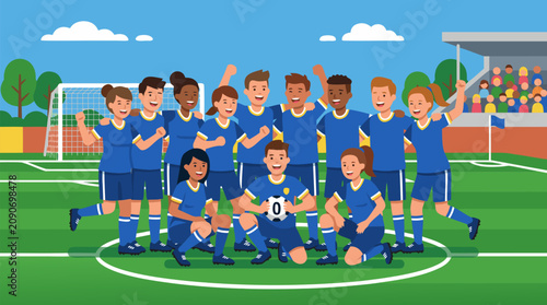 Cheering youth soccer team posing for a winning group photo on a green pitch, diverse players in blue uniforms with ball, stadium crowd, teamwork and victory sports vector illustration