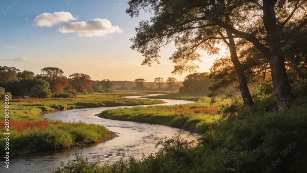 Obraz premium A serene winding river flows through lush green meadows at golden hour, framed by mature trees and distant autumn foliage under a partly cloudy sky, ideal for travel and wellness campaigns.