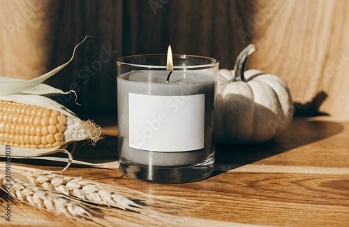 Cozy autumn scented candle with seasonal harvest decor thanksgiving seasonal