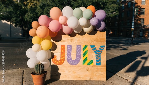 July month wooden sign with balloon arch and cactus balloons decoration