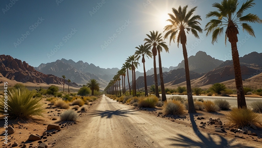 Obraz premium Palm Tree Desert Oasis with Mountain Landscape Under Clear Blue Sky