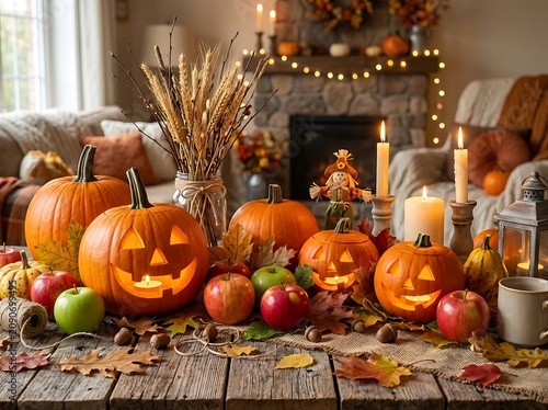 Warm autumn living room table with glowing jack o lanterns jack o lantern halloween pumpkins seasonal interior celebration arrangement background traditional inviting decorations