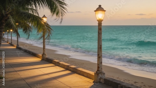 Vintage lampposts cast warm golden light along a peaceful seaside promenade at dusk, perfect for hospitality branding and romantic getaway advertising.