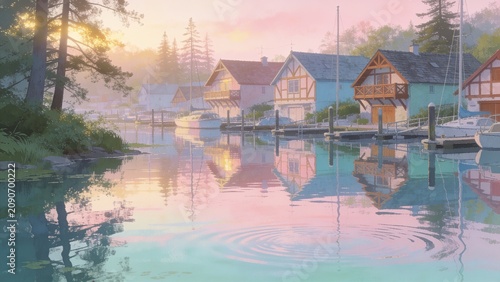 Misty lakeside village at dawn features charming timber-framed houses and docked sailboats with pink and golden reflections shimmering on calm water for idyllic retreat branding.