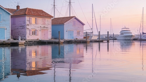 Pastel-colored wooden boathouses line a tranquil harbor at dawn, with sailboats and yachts reflected in calm water, ideal for coastal tourism and hospitality marketing.