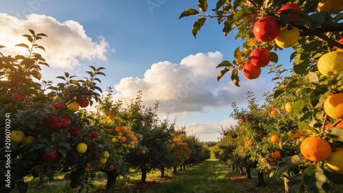 Sunlit apple orchard with ripe red and yellow fruits hanging from neatly aligned trees under a bright blue sky with fluffy white clouds, perfect for agricultural advertising and farm-fresh marketing c