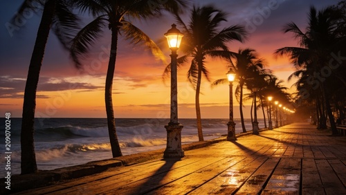 Dramatic sunset paints the sky in vibrant orange and purple hues above a windswept palm-lined boardwalk illuminated by glowing vintage street lamps.
