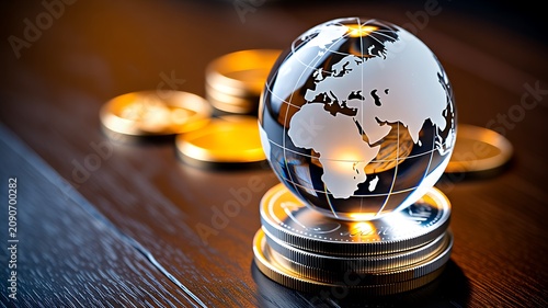 Global finance concept with world globe and stacked investment coins