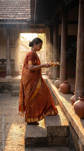South Indian Woman Carrying Tray of Lit Diyas